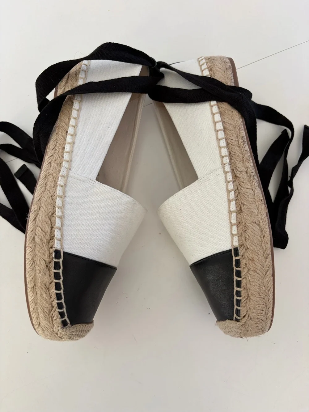 J. Crew Ivory Canvas Black Leather Cap Toe Ankle‎ Wrap Slip-On Espadrille Flats